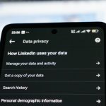 Linkedin data privacy settings on a smartphone screen personal data profile, address search, privacy risk