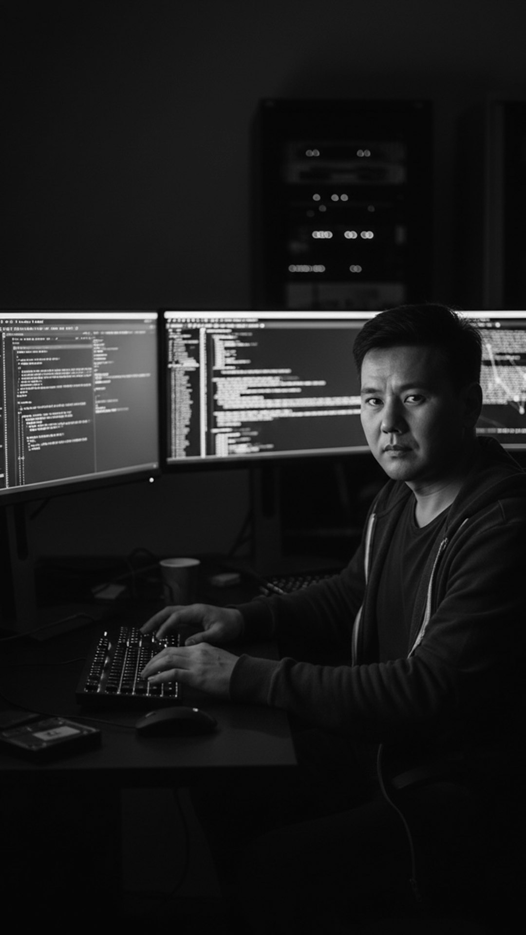 Man typing on keyboard in front of multiple computer monitors. web hosting, server room, website setup