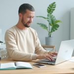 Man typing on laptop at a desk person working from home, laptop healthcare coding, home office workspace, relaxed professional