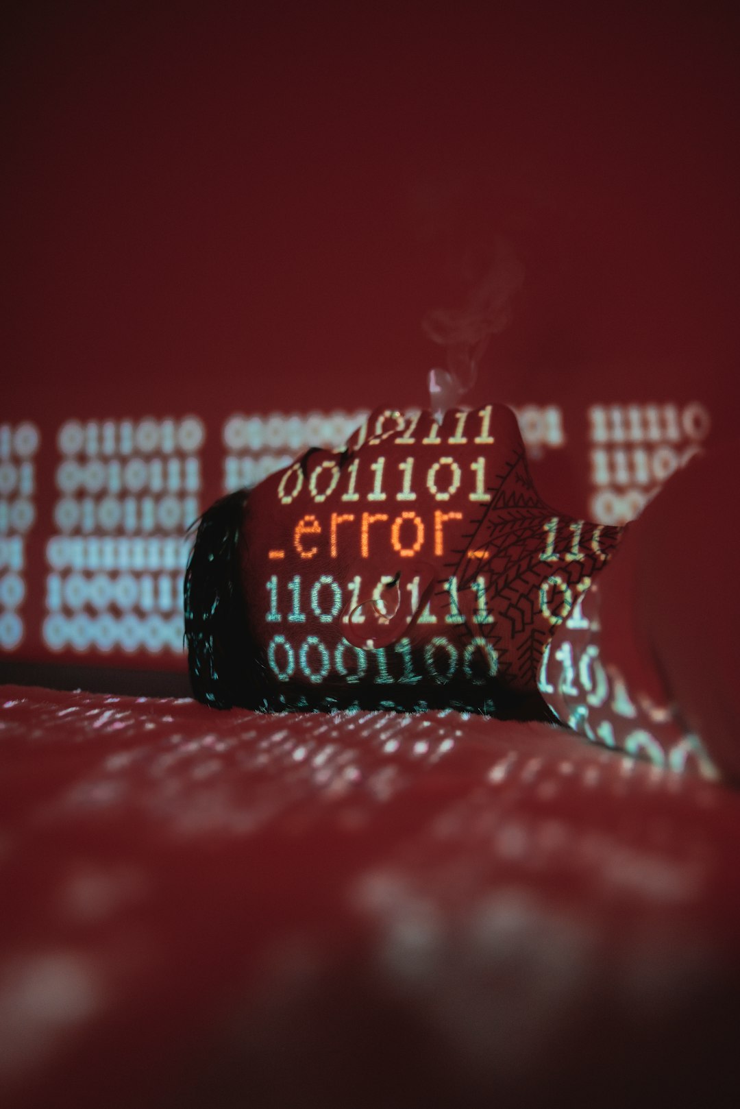 red and white polka dot textile cyber attack illustration, hacker at computer, red warning screen