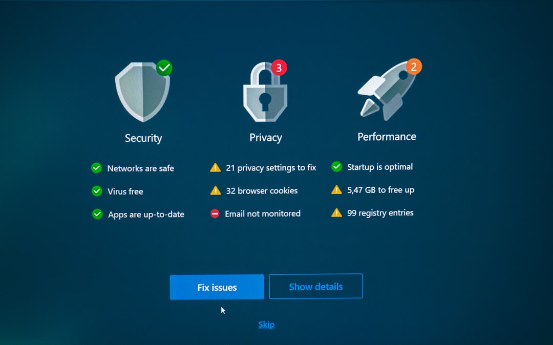 Security, privacy, and performance status with fix options. antivirus scan screen, shield icon, malware warning, clean computer concept