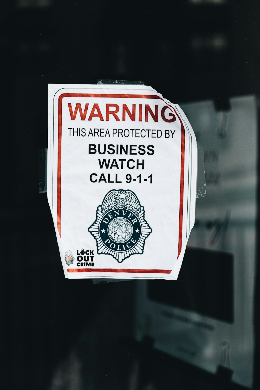 a business watch sign hanging on a door rejected ad warning, policy review, red alert