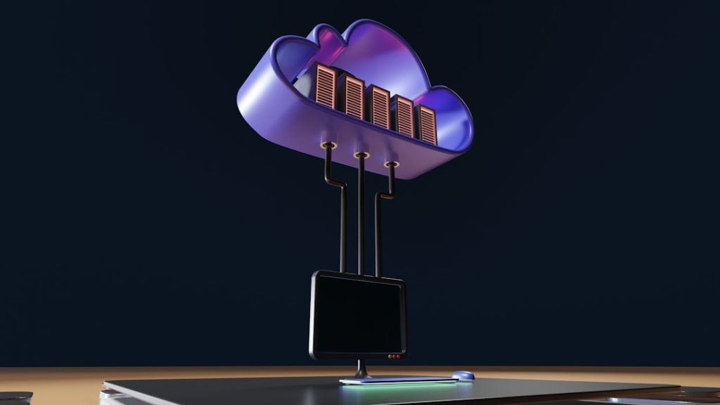 a computer tower with a purple light secure cloud storage dashboard, encrypted files interface, laptop cloud backup