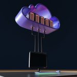 a computer tower with a purple light secure cloud storage dashboard, encrypted files interface, laptop cloud backup
