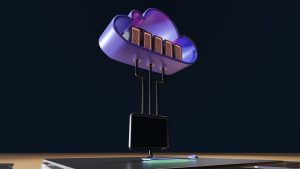 a computer tower with a purple light secure cloud storage dashboard, encrypted files interface, laptop cloud backup