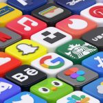 a pile of colorful dice icon design set, consistent lighting, social media symbols