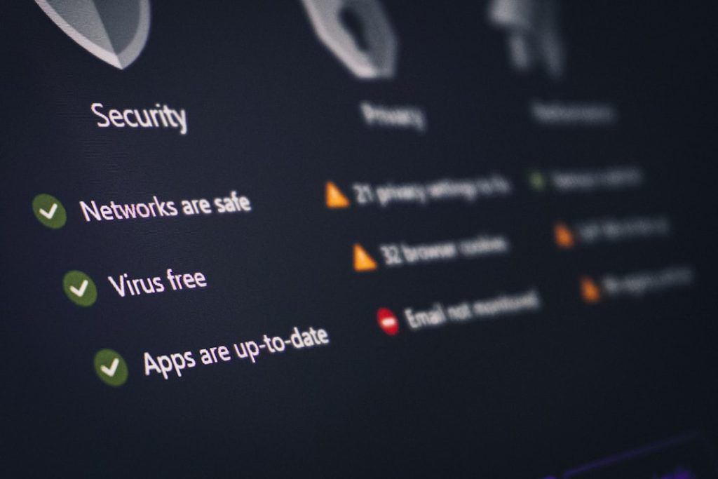 A security and privacy dashboard with its status. cyber security dashboard, identity monitoring alert, credit score screen