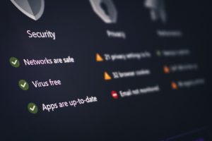 A security and privacy dashboard with its status. cyber security dashboard, identity monitoring alert, credit score screen