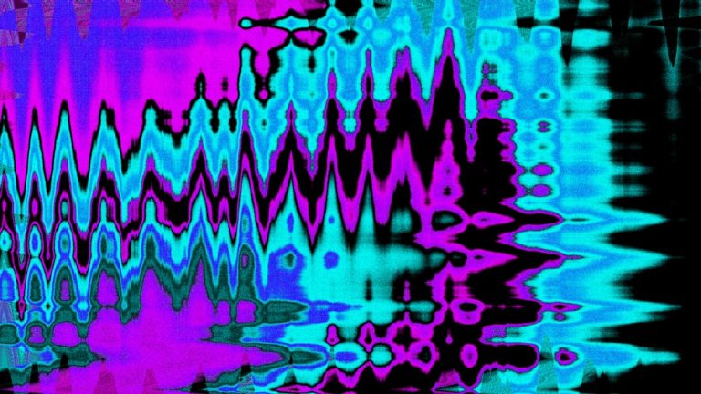 Abstract wavy pattern of pink, blue, and teal colors audio waveform close up, colorful spectrogram display, sound frequency analysis