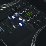black and gray audio mixer virtual dj interface screen, waveform mixing display, home studio dj setup, laptop dj software