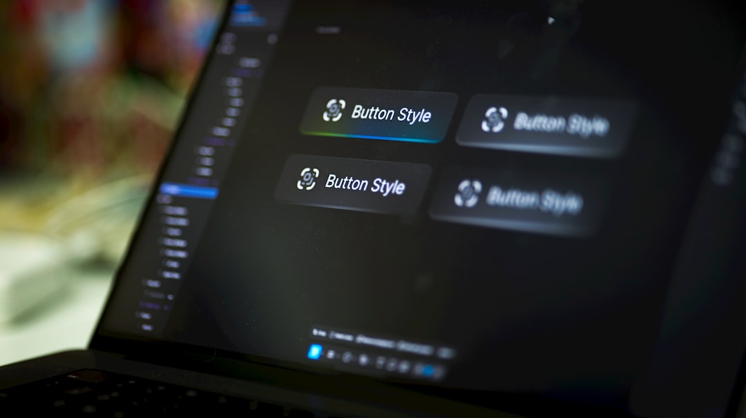 Laptop screen displays four button style options. auto layout, button design, figma tutorial