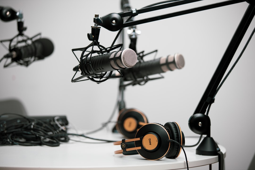 two grey condenser micrphones podcast microphone laptop headphones desk setup