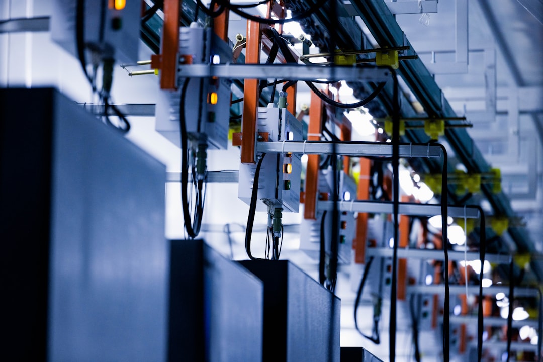 a bunch of wires that are connected to a wall factory security, industrial control, network protection