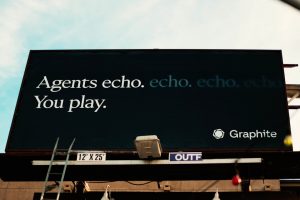 Billboard with "agents echo. echo. echo. you play." brand color palette, muted tones, typography sample, design board