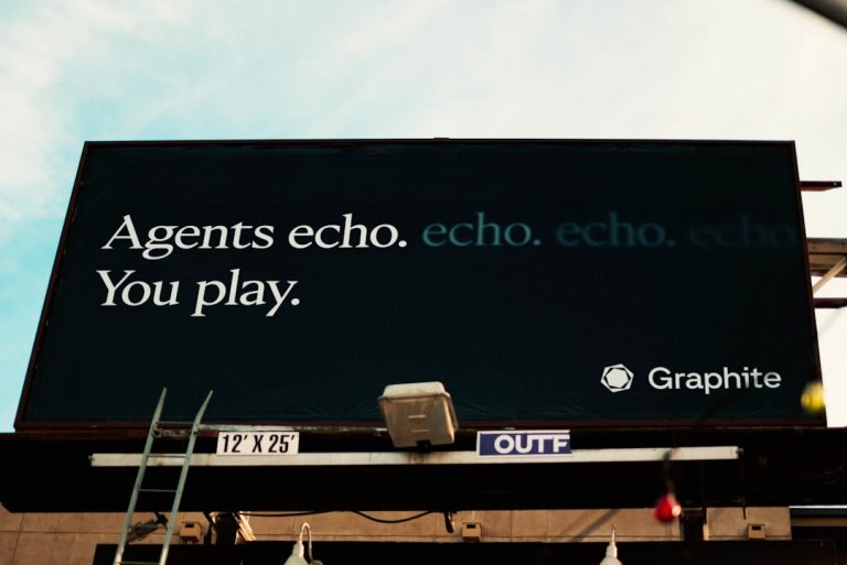 Billboard with "agents echo. echo. echo. you play." brand color palette, muted tones, typography sample, design board