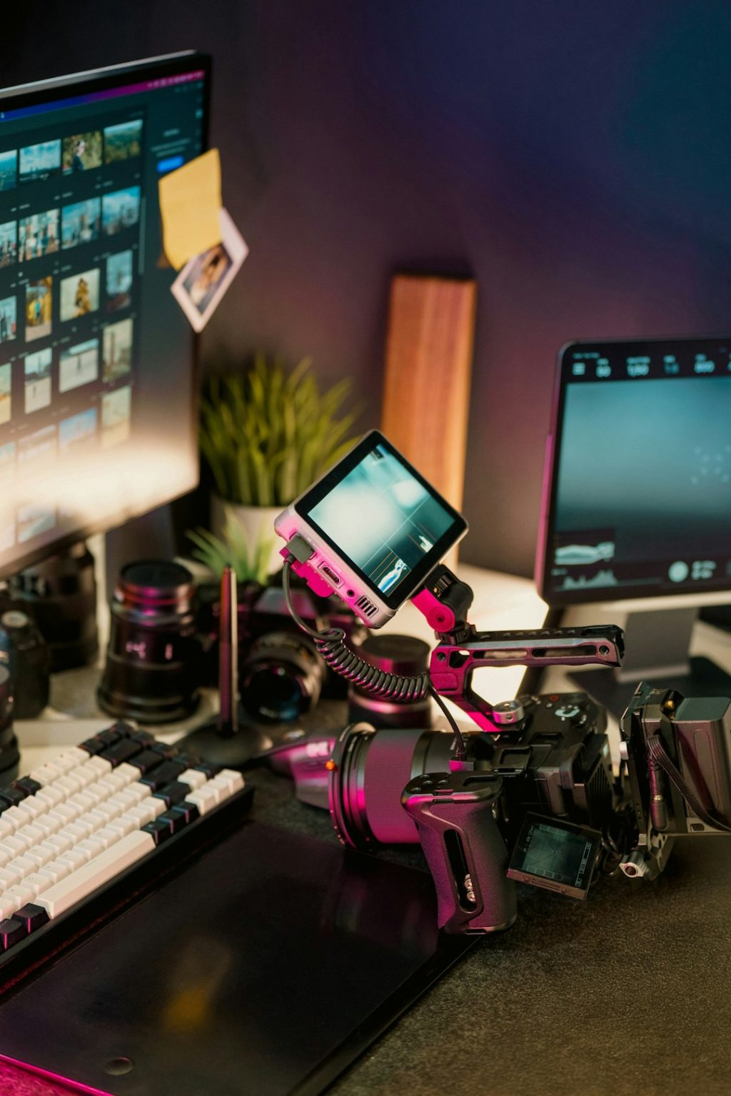 Filmmaker's desk with camera, lenses, and monitors behind the scenes, creative workspace, instagram posts