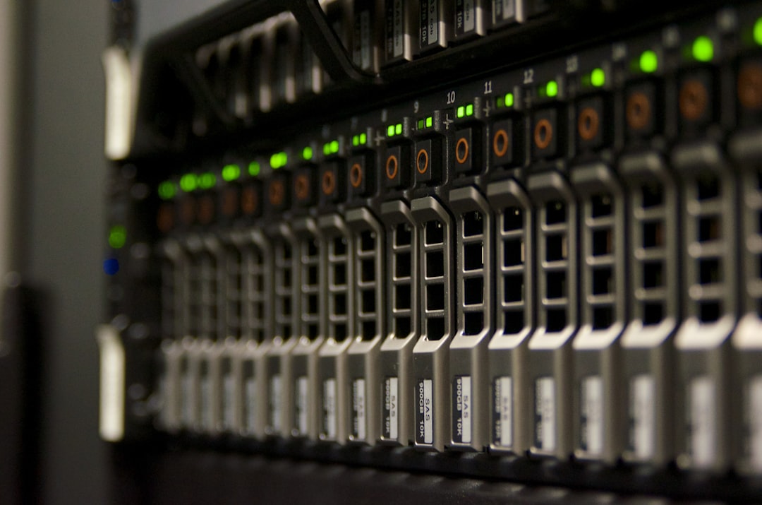 Server rack with blinking green lights iot dashboard, connected devices, enterprise network, data monitoring