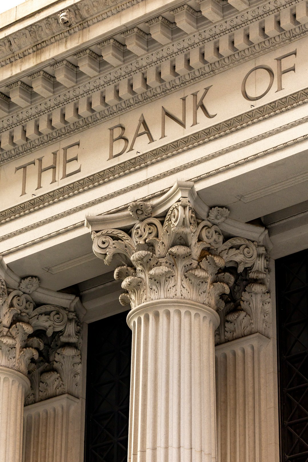 The bank of ornate classical columns and facade bank statement, address details, account records