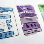 watercolor wireframe sketches of website layouts badge sketches, laptop design, color palette