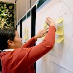 woman in red long sleeve shirt holding white paper brand strategy, growth scale, product roadmap, team planning