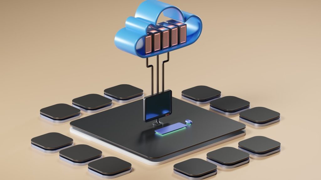 3D render of cloud computing concept cloud security, data backup, business dashboard
