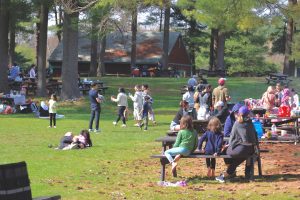 a group of people sitting on top of a park bench team picnic, summer park, coworkers, outdoor lunch