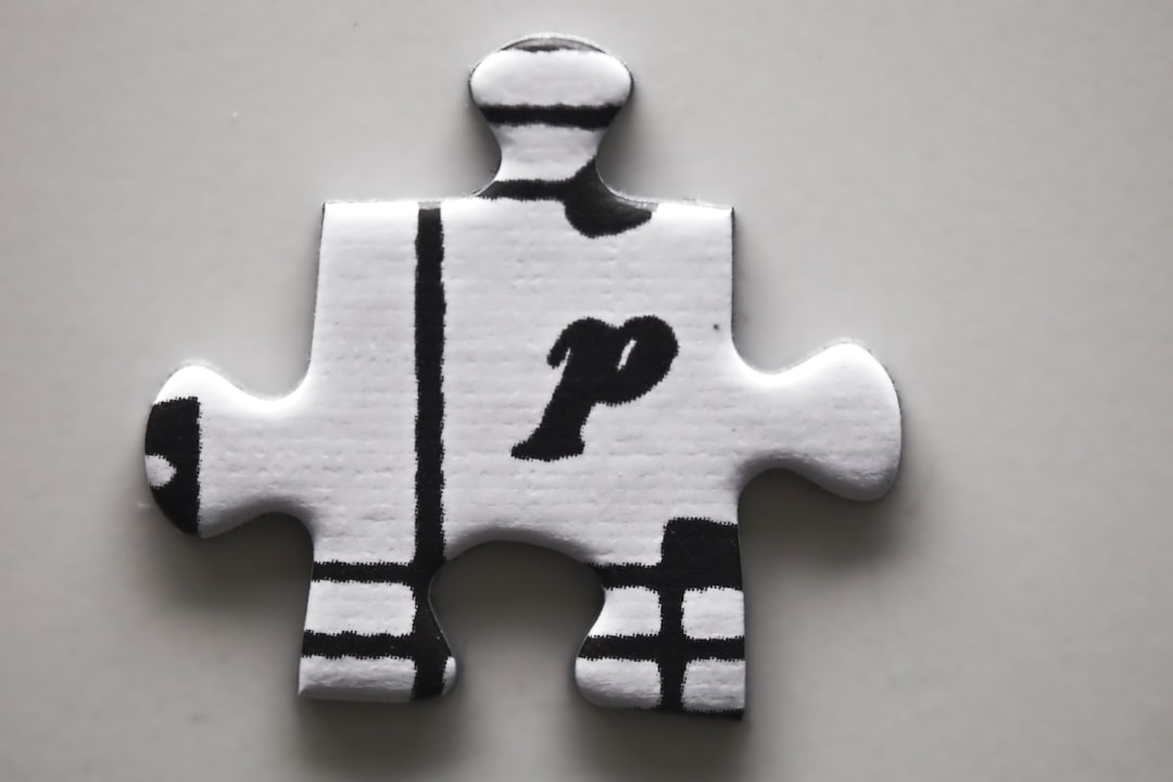 A white puzzle piece with a black letter 'p' plugin puzzle, warning sign, website settings, repair tools