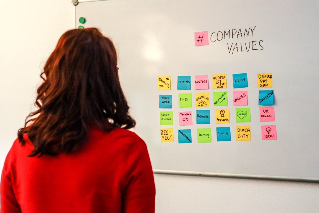 a woman standing in front of a white board with sticky notes on it business continuity, vendor transition, enterprise planning
