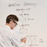 man writing on whiteboard email tags, customer segments, marketing workflow
