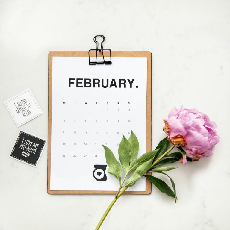 minimalist photography of a calendar and pink-petaled flower february email calendar, newsletter planning, marketing desk