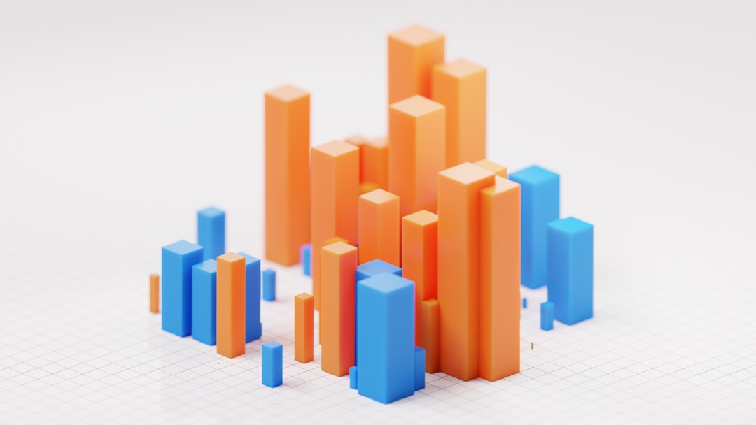 Orange and blue 3D bar chart columns on a white grid surface revenue chart, sales growth, financial report