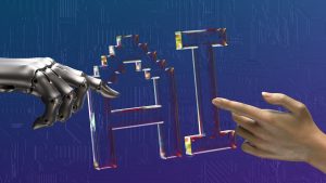 robot and human hands reaching toward ai text contract drafting artificial intelligence screen