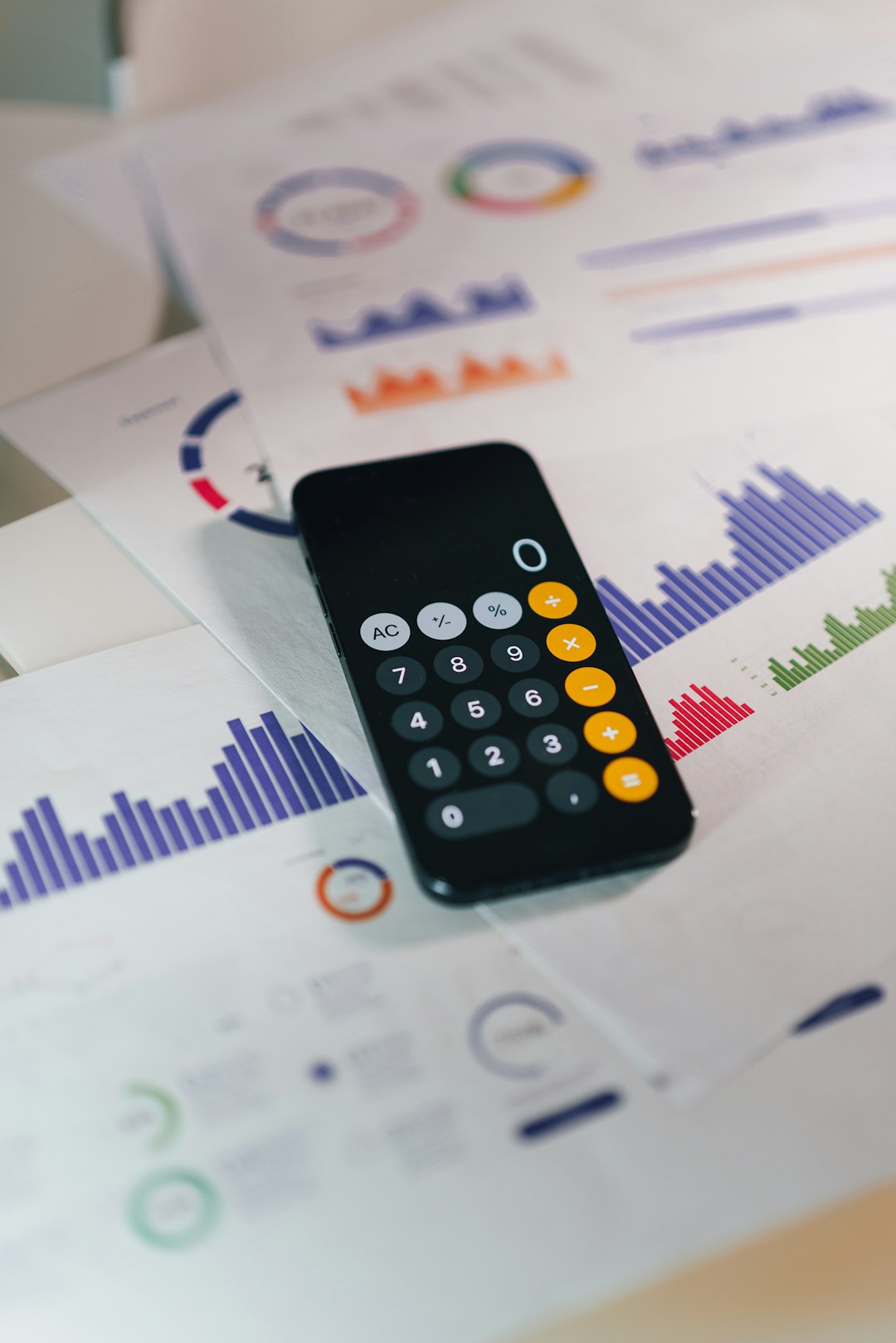 smartphone calculator app on financial report papers pricing chart, resource planning, cloud costs, calculator