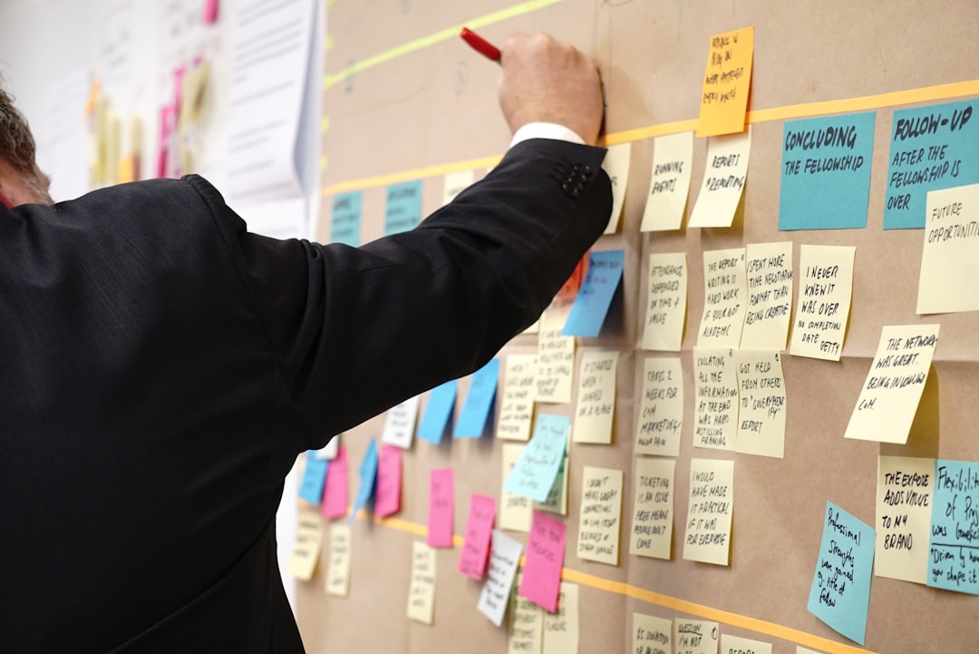 sticky notes on corkboard call notes, consultant planning, next steps