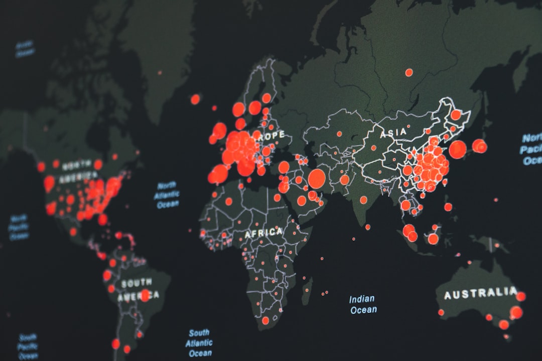world map showing red infection clusters world map, speech bubbles, multilingual text