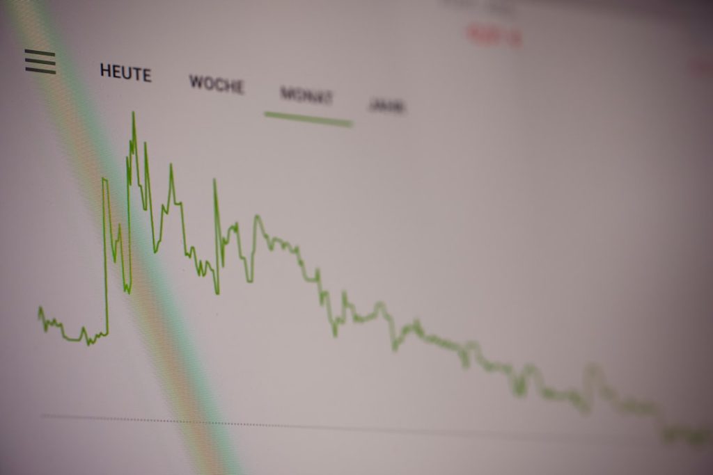 A green line graph showing stock market trends on a digital screen traffic chart, algorithm update, ranking drop