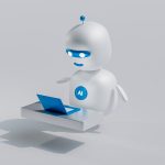 a white robot with blue eyes and a laptop help desk dashboard, ai chatbot, support analytics