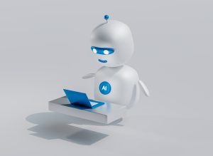 a white robot with blue eyes and a laptop help desk dashboard, ai chatbot, support analytics