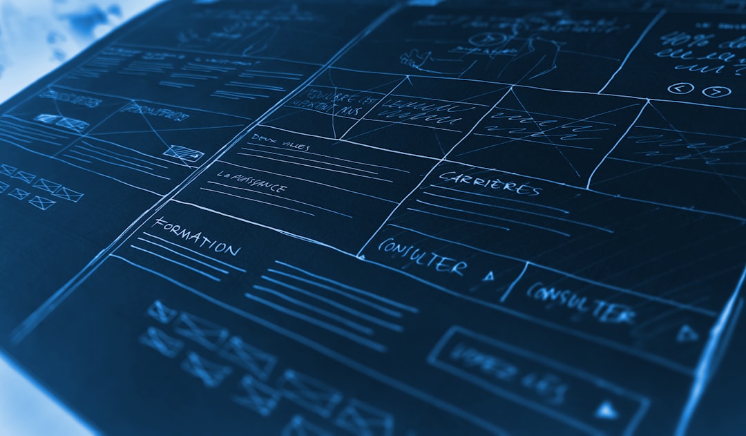 Hand drawn website wireframe sketches on a dark blue background product roadmap, feature list, priority matrix, planning session