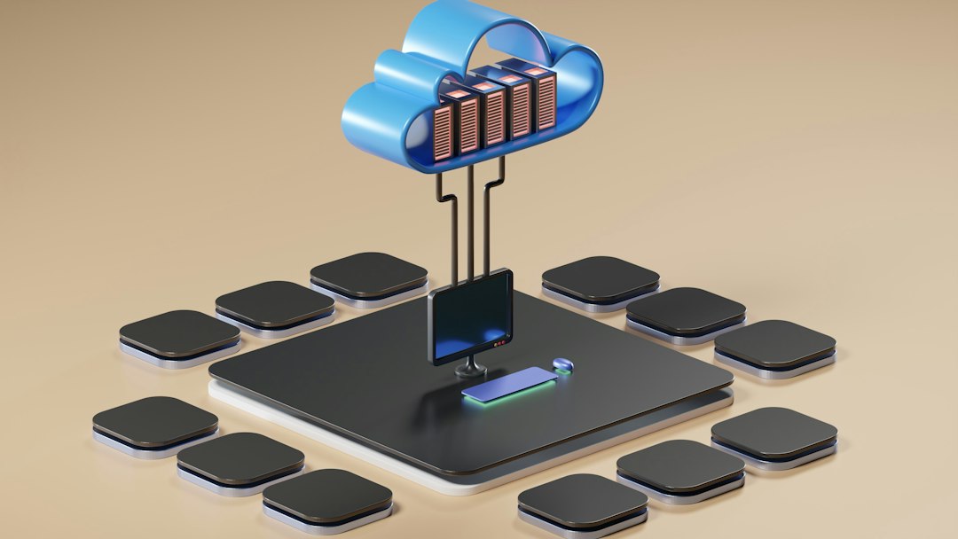 3D render of cloud computing concept cloud device management, remote workers, security policies, mobile laptops