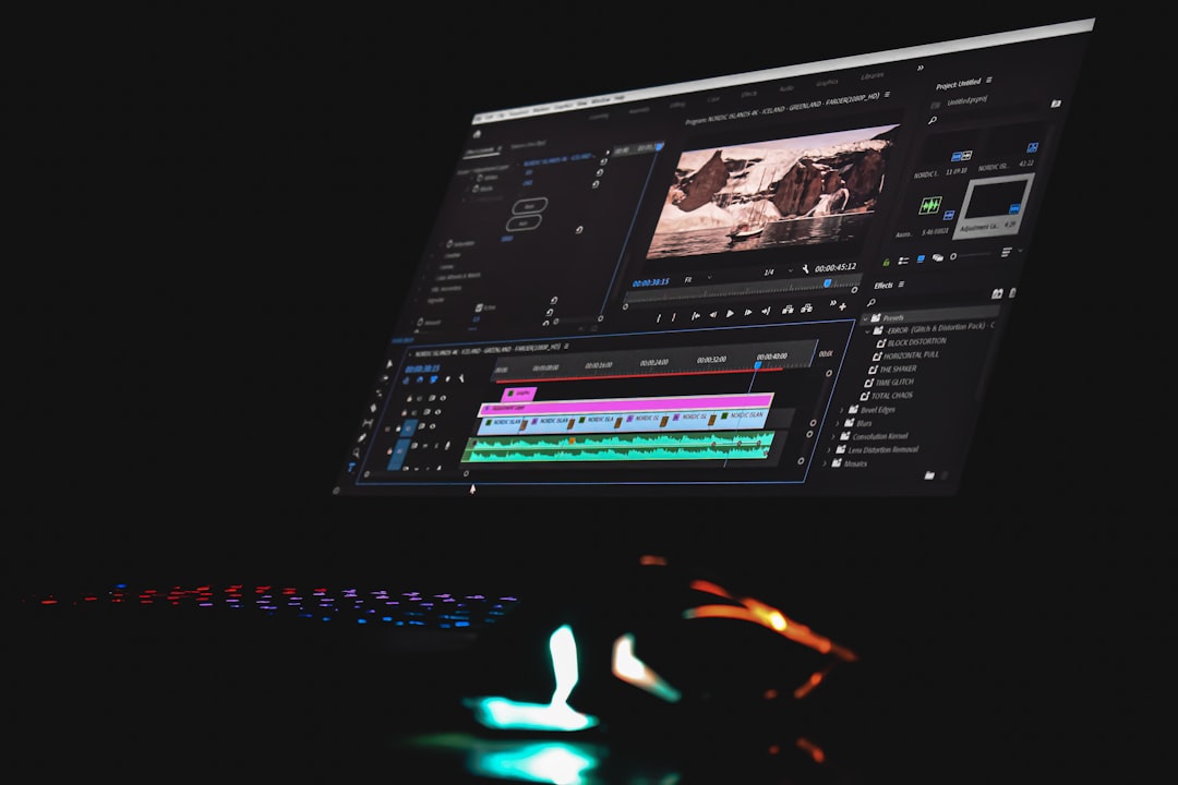 A computer monitor displaying video editing software with a timeline and preview window video editing tools, creator workflow, social media content