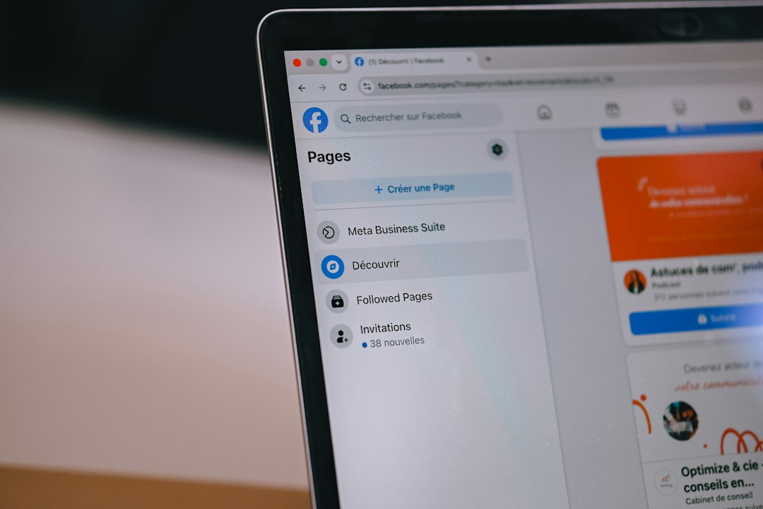 A laptop screen displays the facebook interface showing pages facebook page, business profile, social contact
