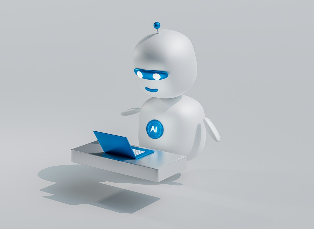 a white robot with blue eyes and a laptop employee support chatbot, password reset, automated ticketing