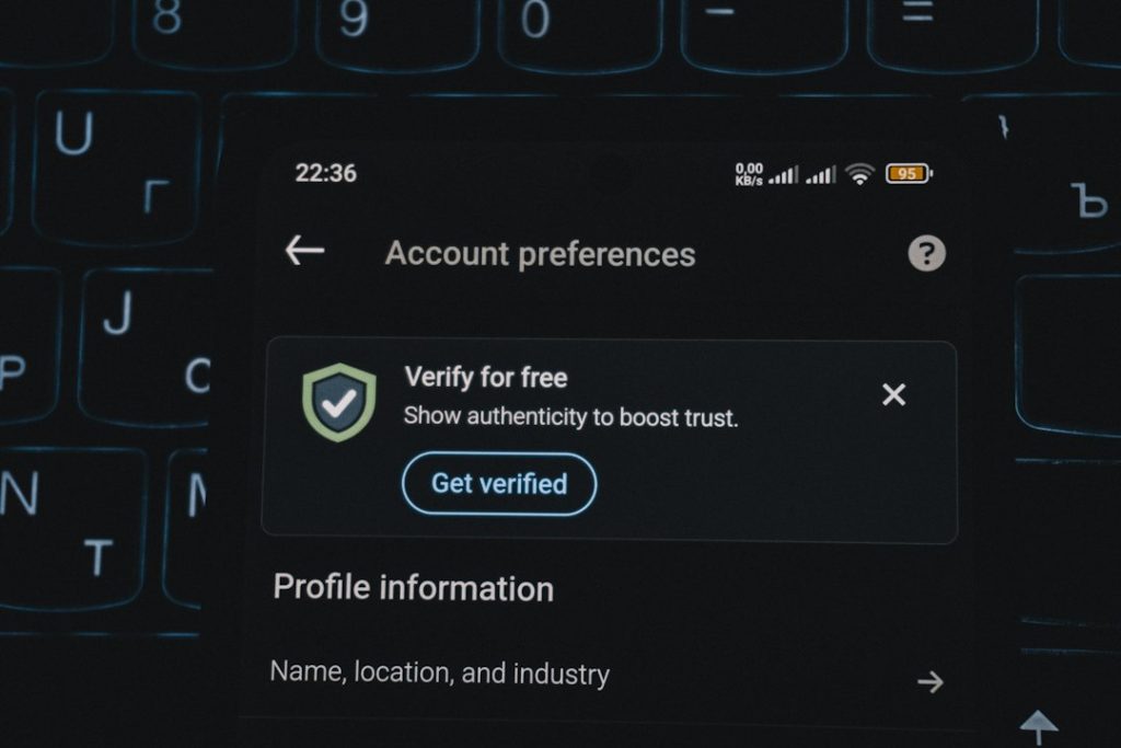 Account preferences screen with verification prompt personal data profile, address search, privacy risk