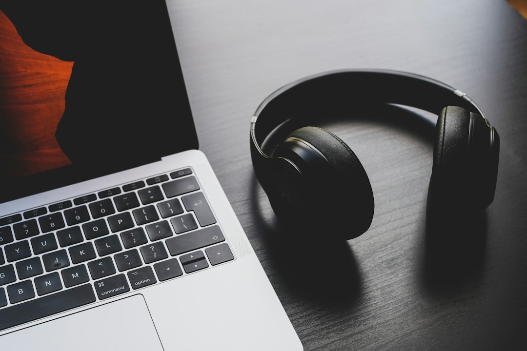 black wireless headphones beside MacBook Pro laptop phone headphones, mp3 playback, file compatibility