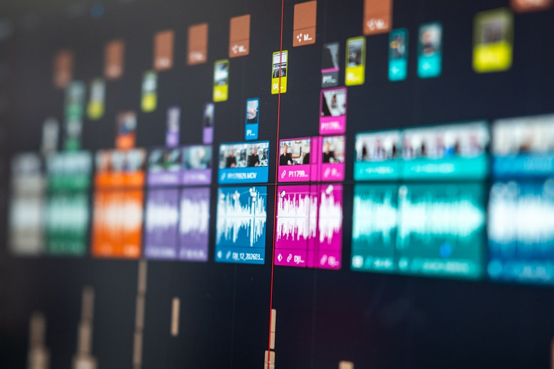 Colorful video editing timeline with audio waveforms and video clips file size comparison, video document, audio document