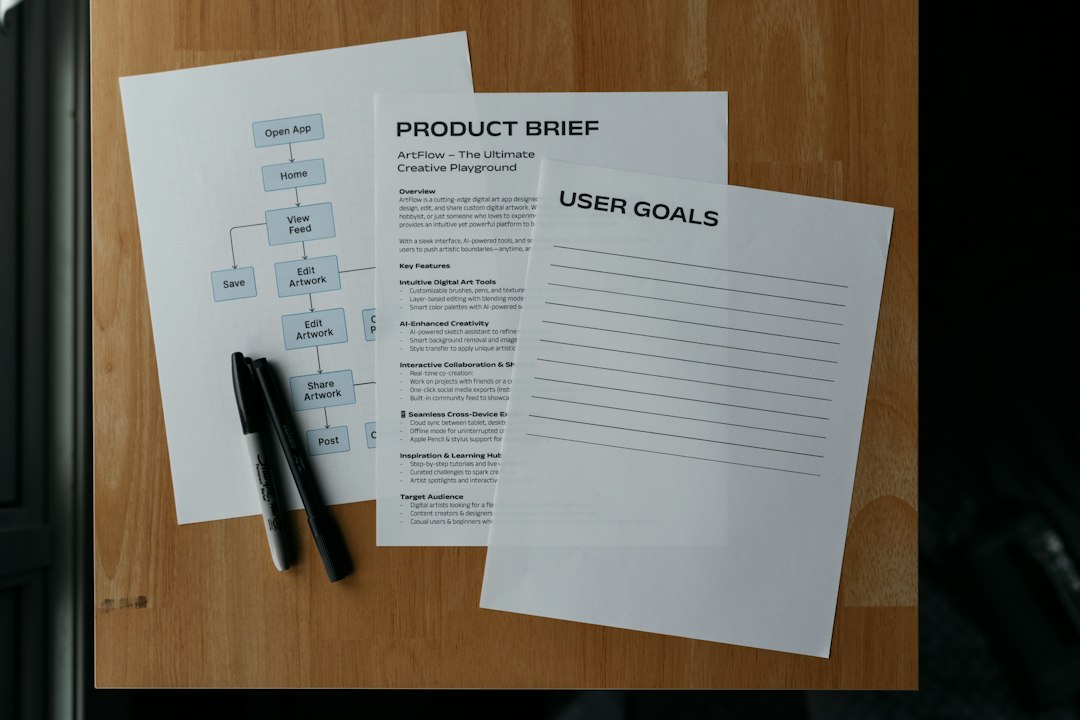 Documents and a pen lay on a wooden surface online store, product catalog, team workflow