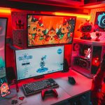 Gamer's setup with multiple monitors and rgb lighting stock chart, video game launch, investor desk