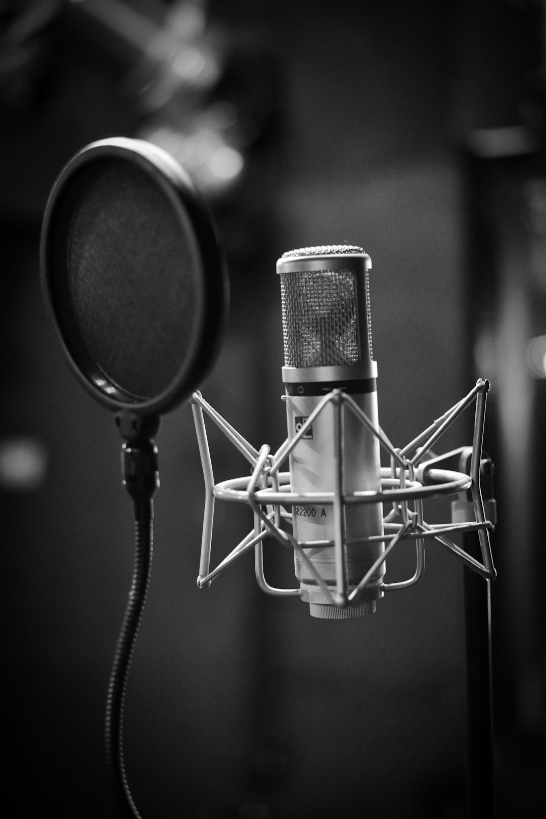 grayscale photo of condenser microphone beside pop filter audio editing, waveform, voiceover microphone