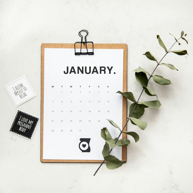 minimalist photography of a calendar wit green leaves february email calendar, newsletter planning, marketing desk